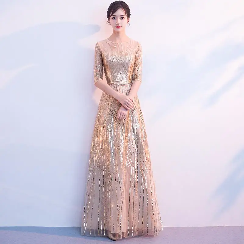 Благородный круглый воротник Qipao женское длинное китайское платье для выпускного вечера Cheongsam элегантные вечерние платья знаменитостей с кисточками Vestidos De Festa - Цвет: champagne