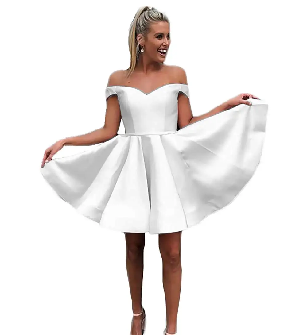 Короткое платье трапециевидной формы с открытыми плечами атласное платье для подростков без рукавов длиной до колен платья для выпускного вечера на шнуровке - Цвет: Ivory
