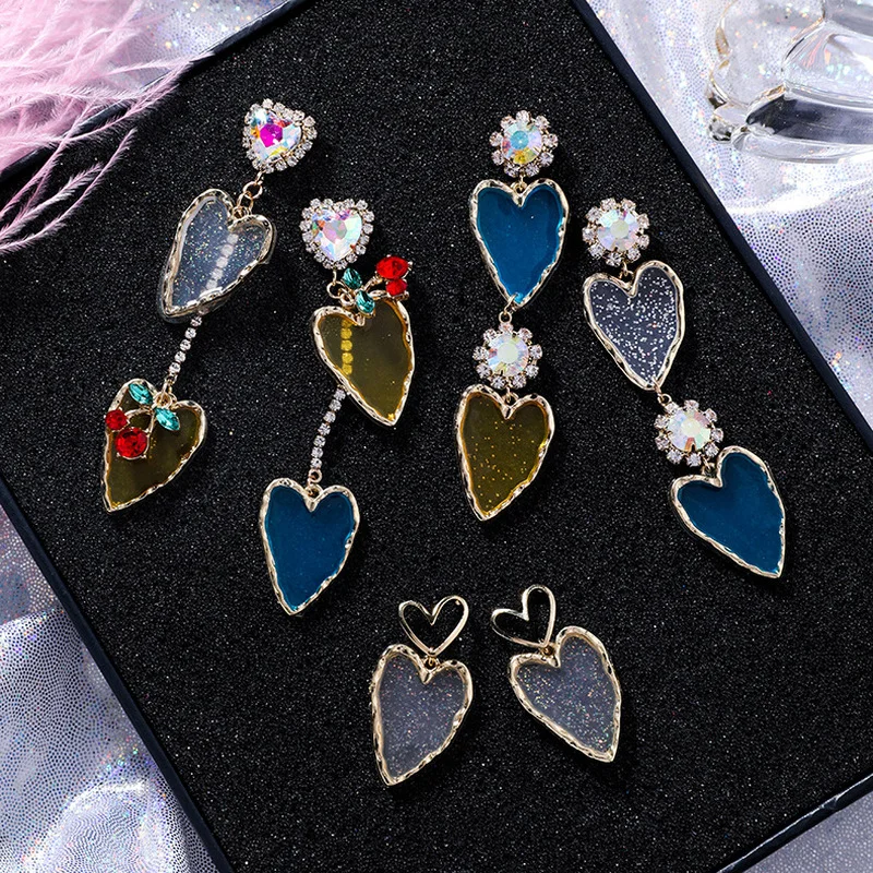 

Korea Sweet Colorful Rhinestones Irregular Acrylic Love Heart Long Drop Earrings For Women Girls Crystal Red Cherry Earrings