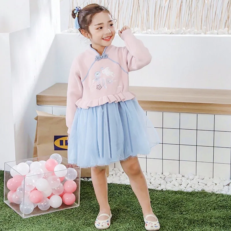 

Spring And Autumn Winter Style Children Girls Nation Dress Sweater Children Shirt Festive Long Sleeve Mink Cashmere Joint Mesh S