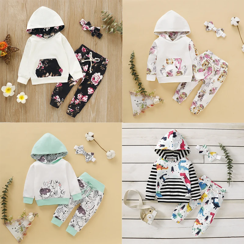 Newborn Baby Boy Girl Clothes Long Sleeve Hooded Pocket Sweatshirt Top+Long Pants+Headband Autumn Winter 3PCS Outfits Set 0-18M