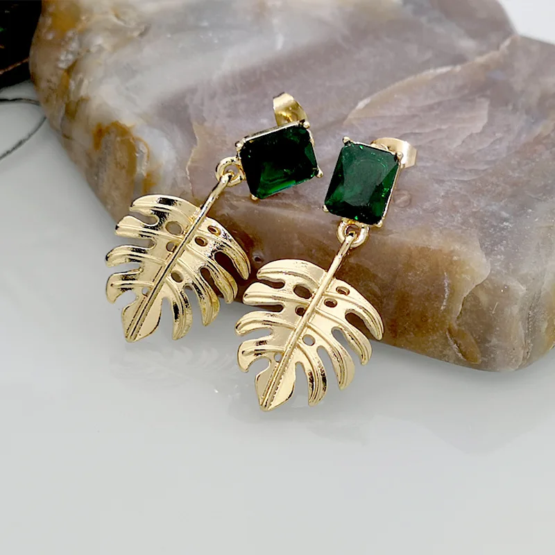 

Bohemian Gold Color Alloy Hollowed Leaf Eaings Green Zircon Rectangle Stud Earrings Korean Earings Fashion Jewelry For Women