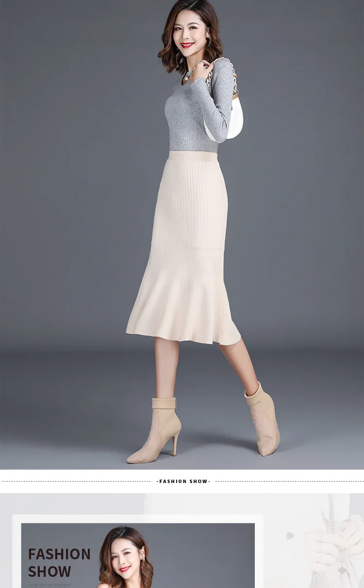 Faldas mujer moda юбки женские Осень Зима Вязанная Высокая талия плиссированная Длинная юбка шерсть рыбий хвост Готический женский jupe femme