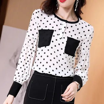 

Women's Blouse Long Sleeves 2020 Spring Summer Fashion Polka Dot Patchwork Round Neck Loose Casual Silk Tops Female S-XL