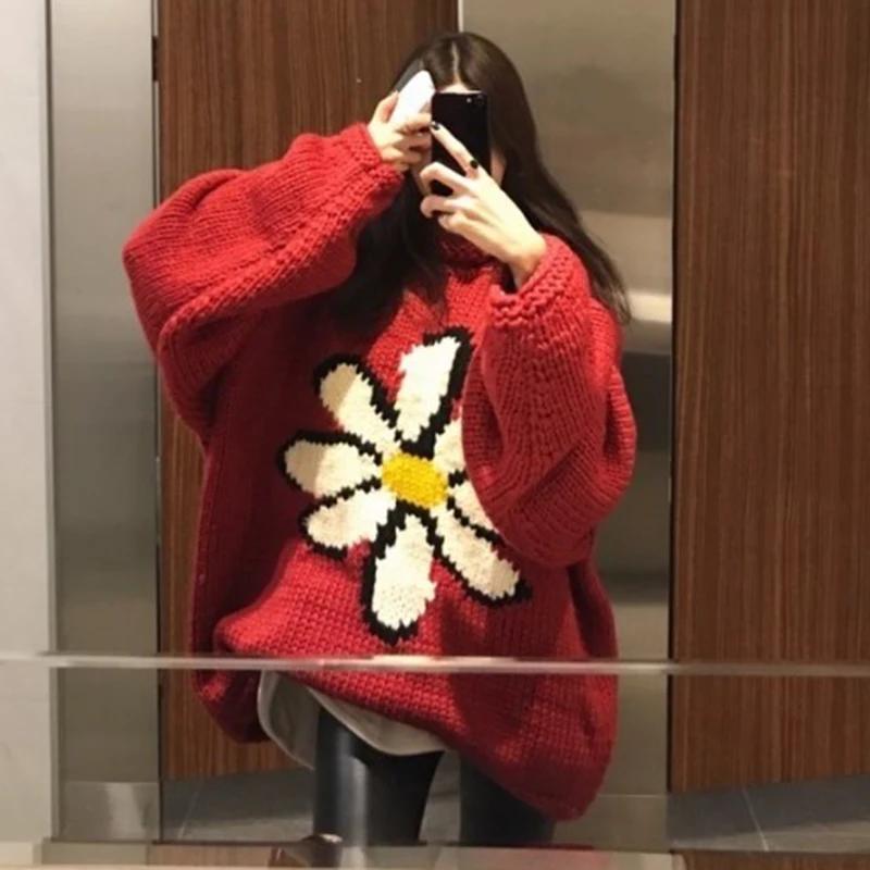 

Daisy Floral Winter Sweater Women Warm O Neck Pullover Loose Thicken Knitted Coat Korean Autumn Harajuku Vintage Sweater V570