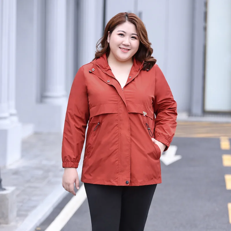 

Spring Autumn 2XL To 7XL Oversized Jackets for Women Drawstring Waist Hooded Zipper Windbreaker Casual Coats Outerwear TW015