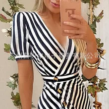 Лидер продаж в Европе и Америке, модное повседневное женское платье в полоску с глубоким v-образным вырезом и высоким разрезом