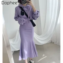 

2021 Spring New Korean Ins Hooded Lace up Casual Sweatshirt Back Slit Fishtail Sheath Skirt Suit Two-Piece Set
