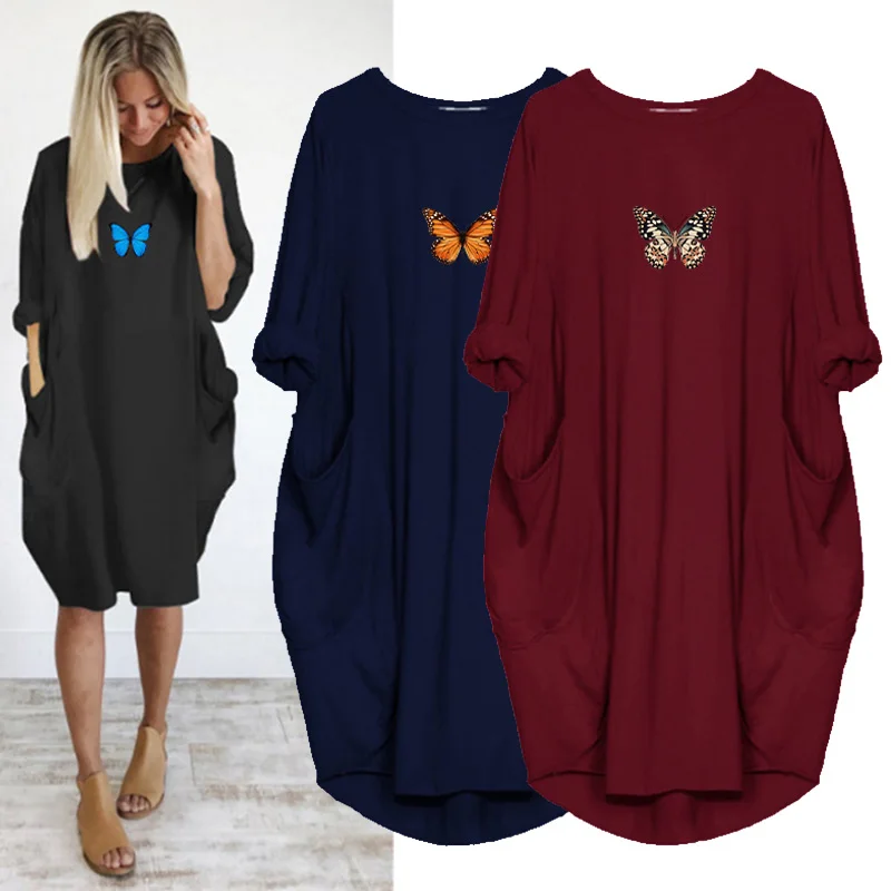 

5XL Plus Size Women Loose Dress Small Butterfly Print Long Sleeve O Neck With Pocket Casual Vintage Party Club Vestidos Robes