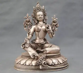 

10'' China Silver Bronze Buddhism Green Tara Buddha Bronze Statue