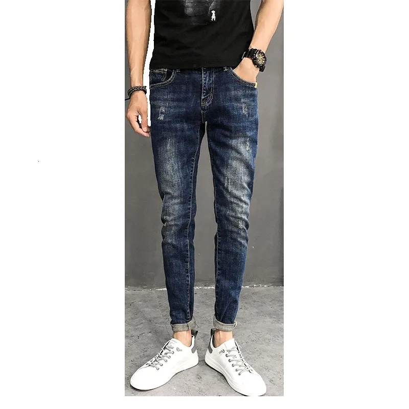 Осенние и зимние джинсы Для мужчин прилив бренд Повседневное длинный мужской Корейская версия обувь Пальма джинсы, облегающие брюки для девочек синий 28-34