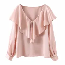 Розовые шелковые женские атласные рубашки с оборками Топы с длинным рукавом и v-образным вырезом свободные топы осенние женские рубашки blusas mujer