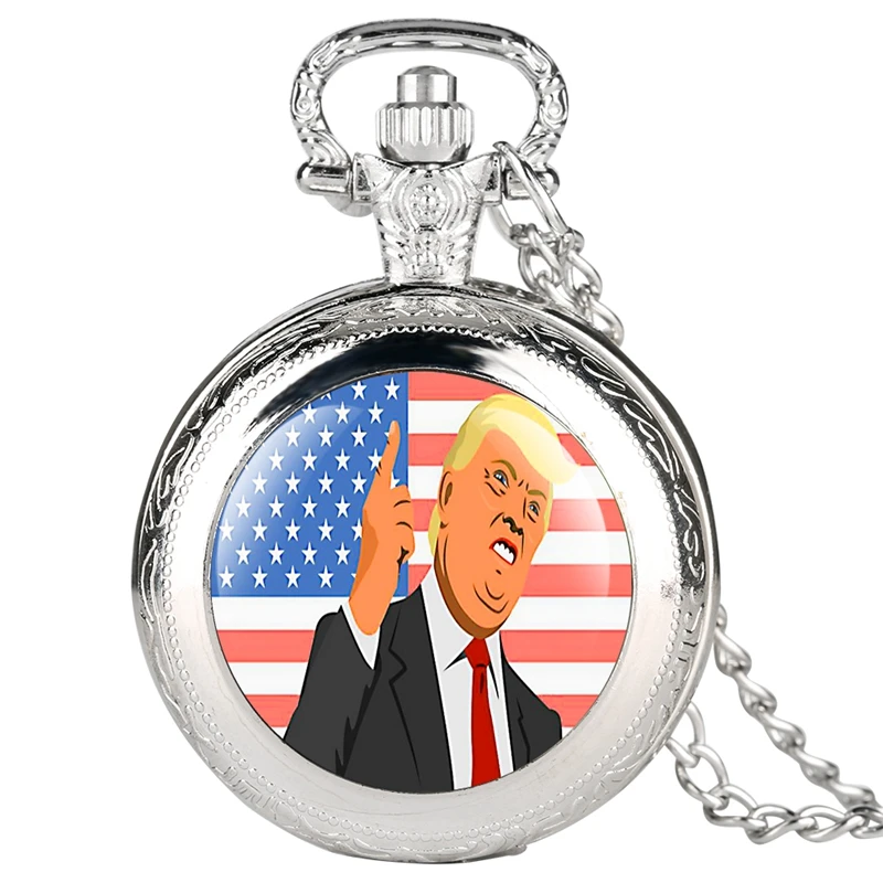 Дональд Трамп президент узор кварцевые карманные часы американский флаг ожерелье часы унисекс коллекционные вещи сувенир подарки для мужчин и женщин - Цвет: Fashion Silver