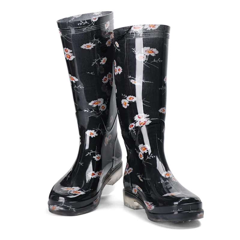 Flower Pvc Rain Boots Women High Waterproof Water Shoes Thick Heel Autumn New Female Casual Rainboots for Rain for Women