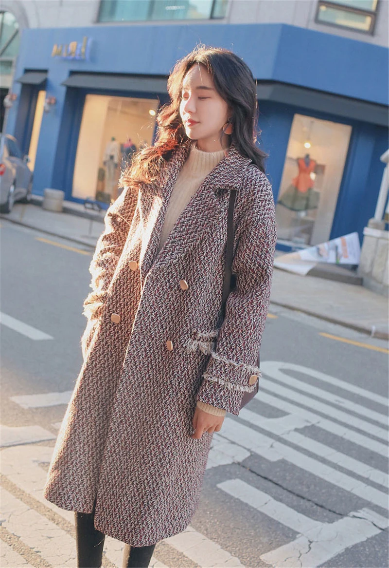 YAMDI осень зима новое шерстяное пальто женское длинное выше колена корейское толстое шерстяное подиумное пальто с кисточками Женская куртка верхняя одежда