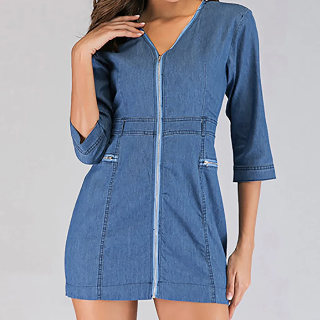 

Casual Autumn Spring Women'S Dress Zipper Sexy Dress For Women V Neck Three Quarter Sleeve Ladies Denim Dresses Robe Femme#H20