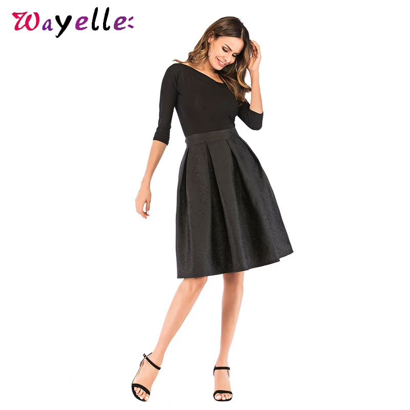 

Vintage Floral Ball Gown Women Skirt Classic Black Elegant Pleated Skirt Autumn Retro UK Style Office Lady Classic Women Skirts