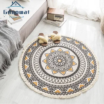 

Nordic Ethnic Style Round Tassel Floor Mat Simple Hand-woven Rug Bohemian Ethnic Tassel Rug Living Room Bedroom Non-slip DoorMat