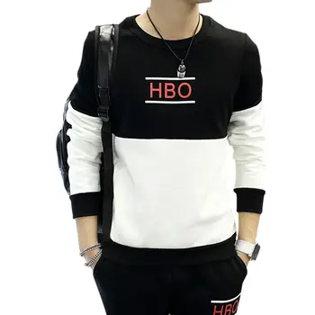 

Men Fashion Round Collar Autumn Letter Tops Print Color Matching Loose Long Sleeve Casual Simple Wild T-Shirt.w