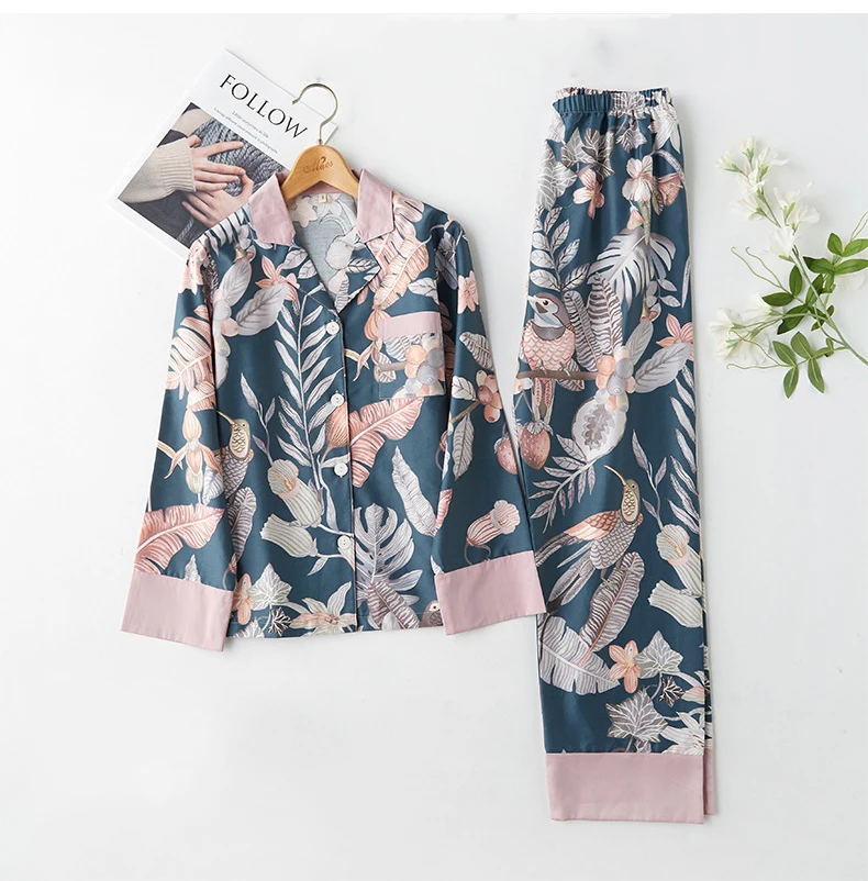 European Women Cotton Pajamas Sets With Pants Sleepwear Spring Autumn Thin Pyjama Female Flower Print Nightwear Pijama Mujer