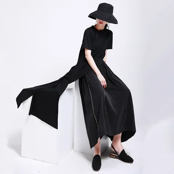 

2020 Irregular Hem Solid Color T shirt Women's Non Mainstream Design Simple Trendy Style Round Neck Short Sleeve Top Streetwear