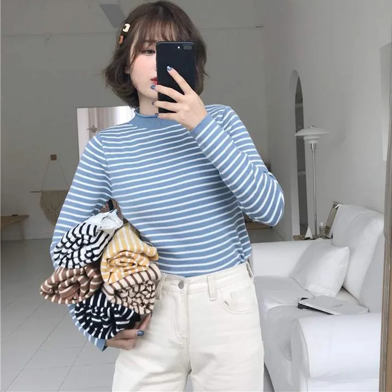 Fashion Slim Long-sleeved Knitting Shirt Women Striped Half-high Collar Sweater Sweaters New