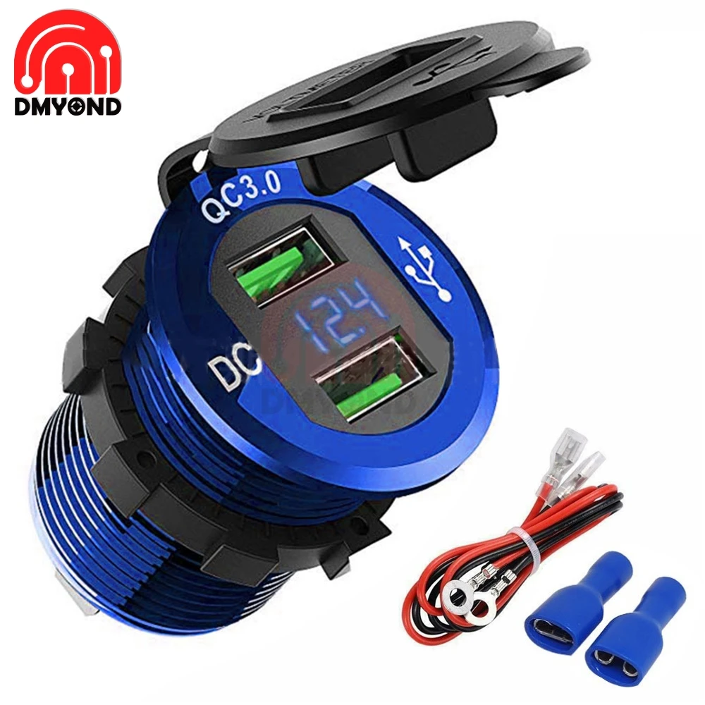 Aluminum Dual QC3.0 USB Car Charger Socket Power Outlet with Digital