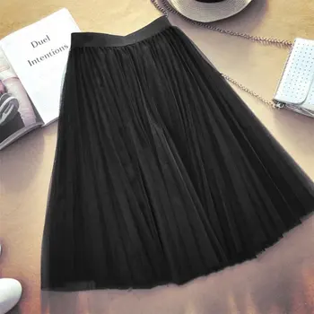 

Elegant Women Solid Color Skirt Fashion Ladies Elastic High Waist Long Tulle Skirt Hem Mesh Tutu Skirt Femme 2019 New