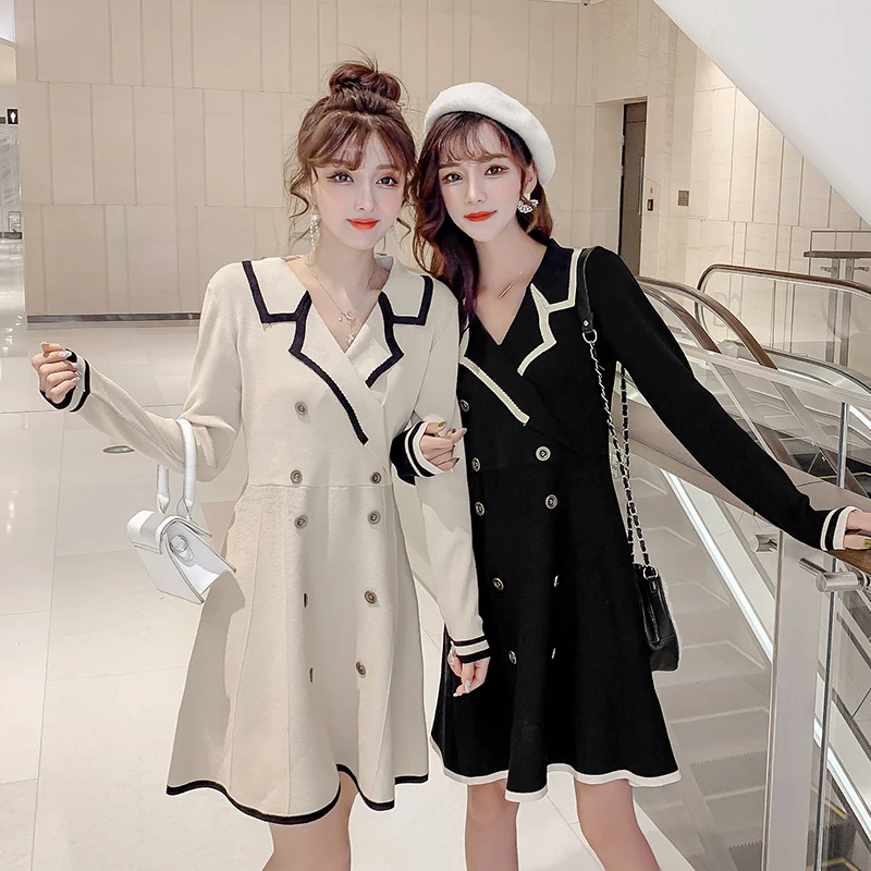 

2019 Autumn Women Knitted Suits Dress A-line Button Long Sleeve Female Kint Dress Korean High Street Elegant Girlfriends Dress