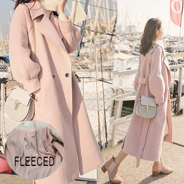 fleeced-PK Осень-зима, шерстяное пальто для женщин, рукав-фонарик, шерсть& смесь, длинное шерстяное пальто, повседневное свободное шерстяное пальто, женская верхняя одежда - Цвет: fleeced-PK