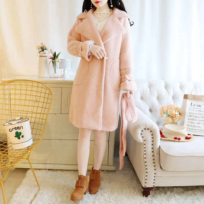 Winter New Style Fresh Fashion Mink Fur Handmade Beading Large Lapel Lace-up Mid-length Woolen Cloth Coat