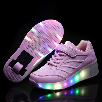 

Cheap Kids Glowing Sneakers with wheels Led Light up Roller Skates Sport Luminous Lighted Shoes for Kids Boys Pink Black Pink