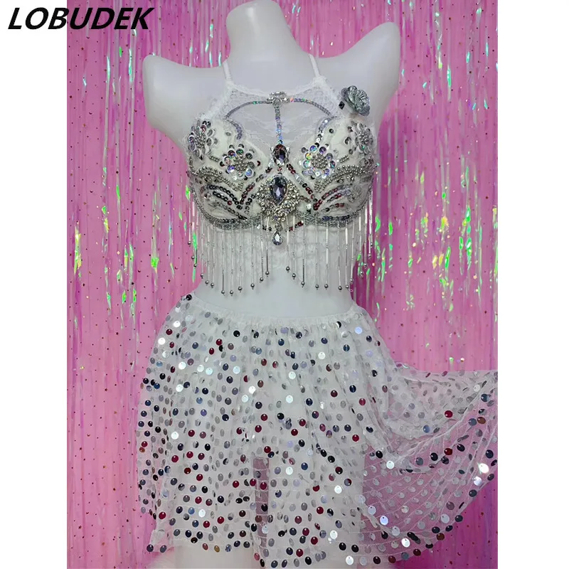 Светодиодный кружевной бюстгальтер с блестящими бусинами юбка блестками мини