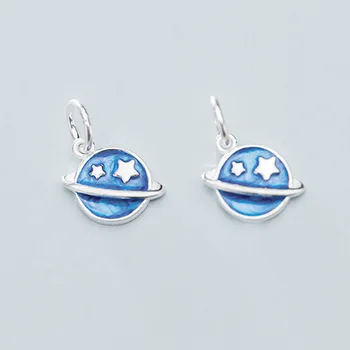 

925 Sterling Silver Baking Paint Craftwork Planet Charms Earrings Necklace Blue Silver Pendants For Women DIY Jewelry Findings
