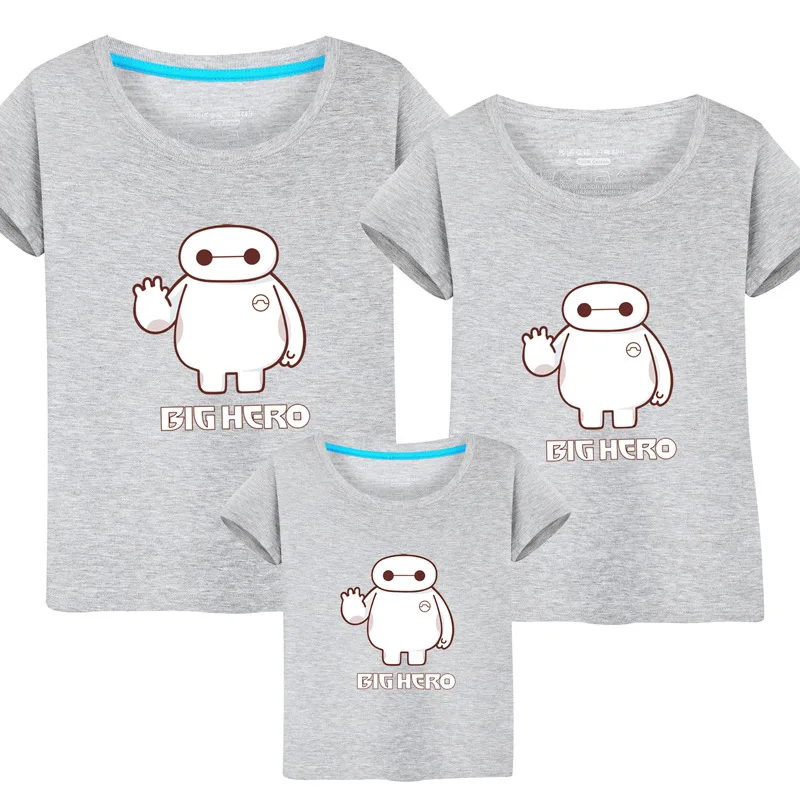 Gray Daddy and Me T-shirt Family Matching Outfits Parent-Child Clothing Summer Cartoon Big Hero Kid's T-shirt Casual Family Tees - Цвет: Gray