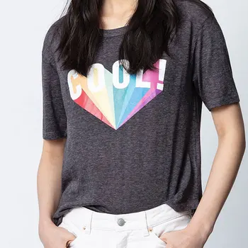 

Women T-shirt New Color Letters Round Neck Short Sleeve Linen Knitted Thin Top