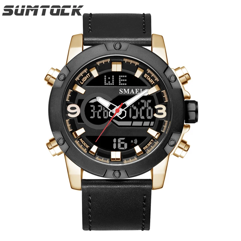

Men's Watch Dual Display Watch Men Leather Alloy Steel Case Military Watch Waterproof Wristwatch Mens Digital montre homme 2019
