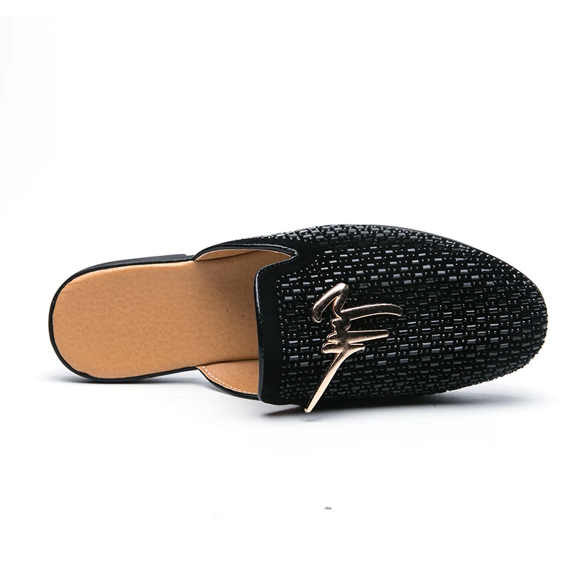 Luxury Diamond Men Slipper Mules Backless Loafers Men Leather Shoes Retro Flat Heel Party Slippers Slip On Shoes Chaussure Homme