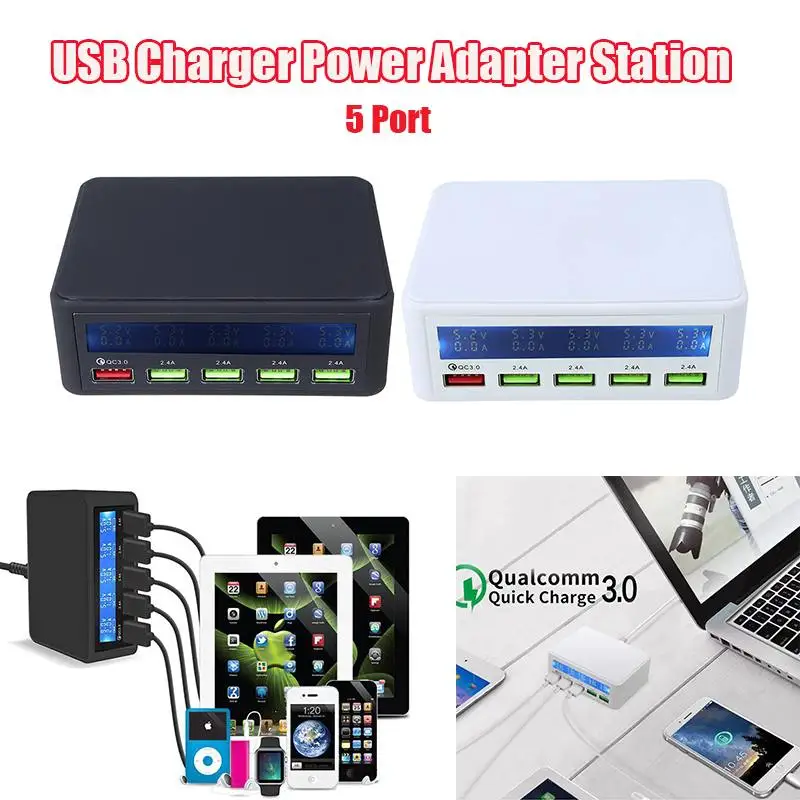 AC100-240V Quick Charge 3.0 Smart 5 Port USB Charger Multi USB Charging Docking Station Power Adapter Lcd Display Station