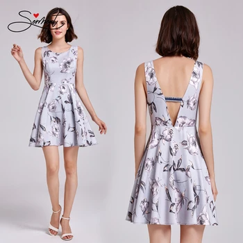 

Elegant Woman Evening Gown Simple and Fresh Printed Sleeveless A-line Short Evening Dress Suitable for Formal Parties