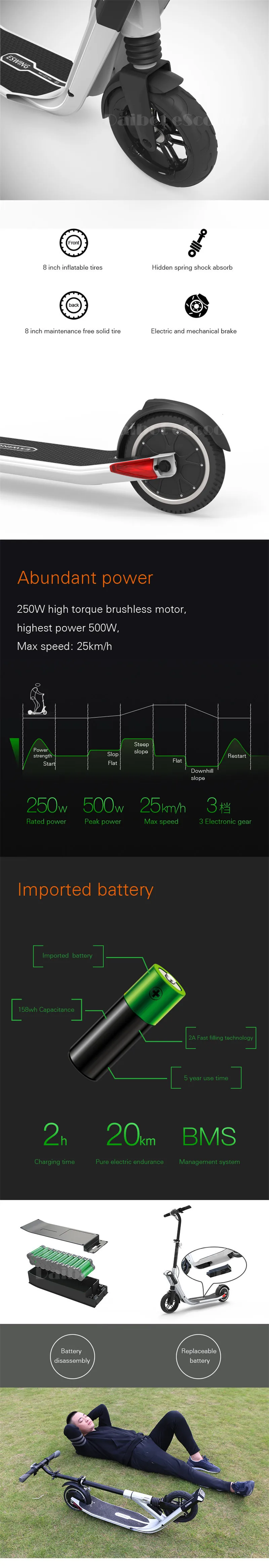 Daibot Electric Scooter 250W Two Wheel Self Balancing Scooters 8 inch 36V Foldable Electric Skateboard Scooter For Adults (9)