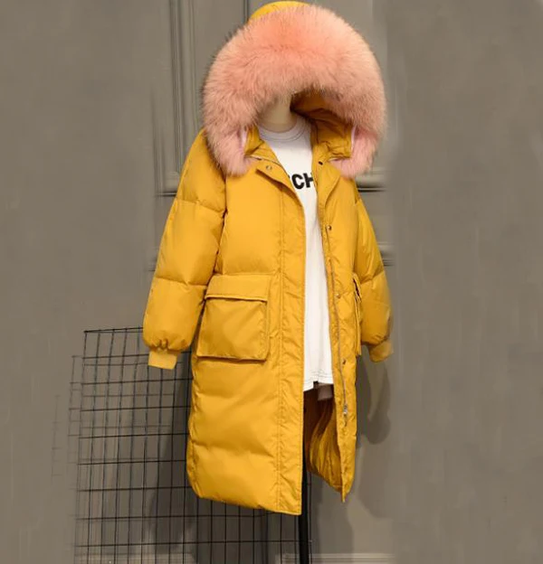 Yellow Pink Fur Зимняя женская белая куртка-пуховик на утином пуху, теплая Толстая длинная парка с капюшоном и большим воротником из натурального меха, верхняя одежда, свободное Женское пальто RH01058 - Цвет: Yellow Pink Fur