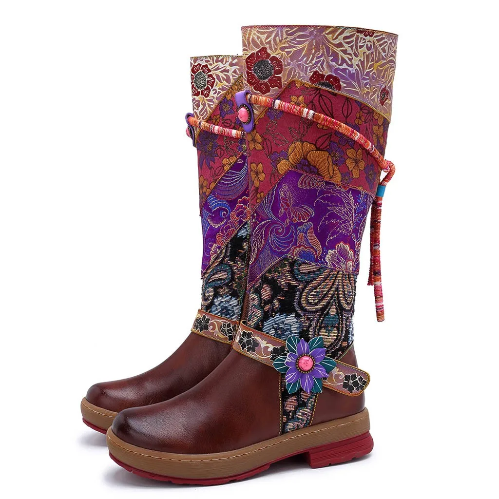 Обувь; модные женские ботинки; zapatos de mujer; женские сапоги до колена ручной работы с цветочным узором и разноцветным узором; обувь до середины икры