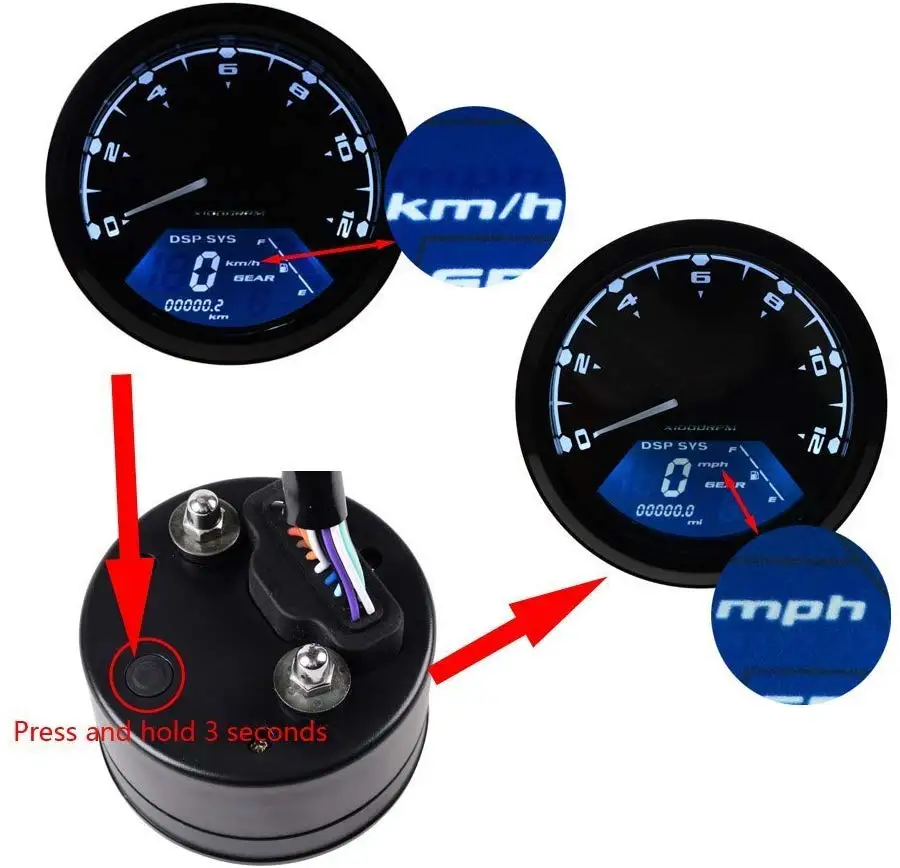 Welugnal миль в час)/KMH 124MPH/199kmh 12000 об/мин ЖК-дисплей цифровой спидометр тахометр одометр спидометр для 4-х тактный 1/2/4 цилиндра мотоцикла