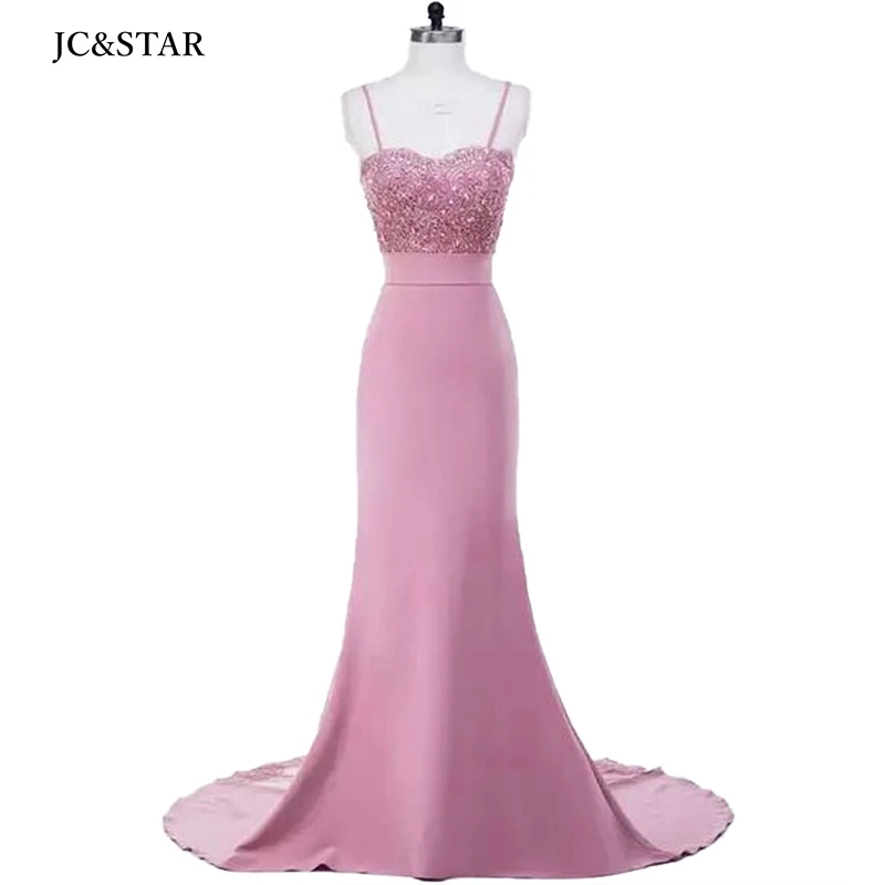 

dusty pink bridesmaid dress New V-neck satin crystal applique Spaghetti Straps burgundy mermaid wedding guests gown trailing