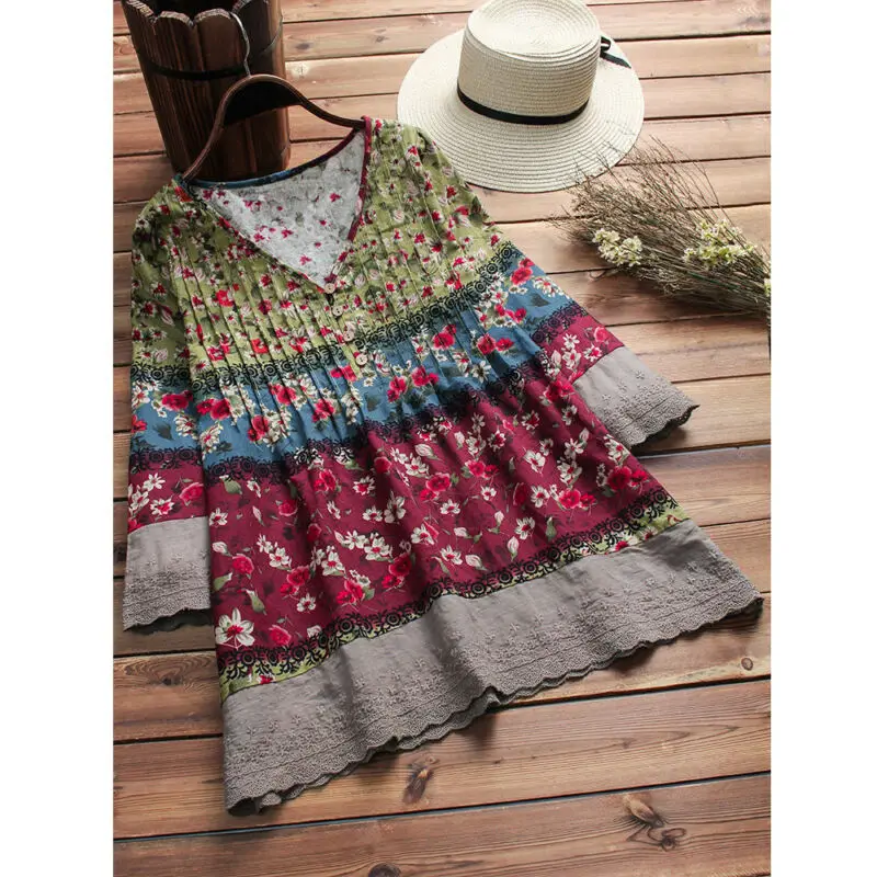 Boho Женская Винтажная футболка с длинным рукавом с v-образным вырезом на пуговицах с цветочным принтом в стиле печворк модная повседневная свободная футболка Топы рубашка