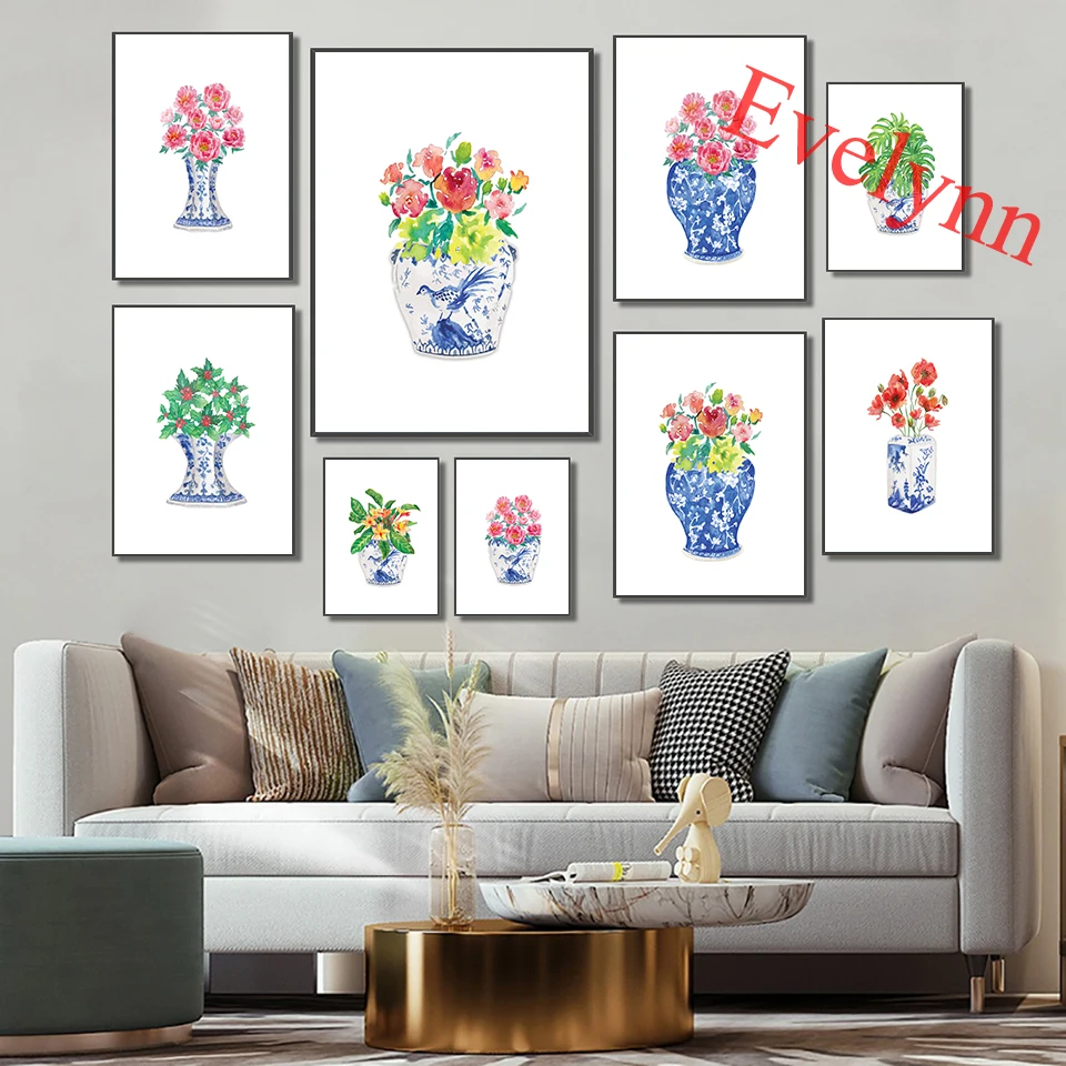 

Watercolor Chinoiserie Vases With Flowers Posters, Blue And White China Porcelain Vase Plant Home Decor Canvas Wall Art Prints