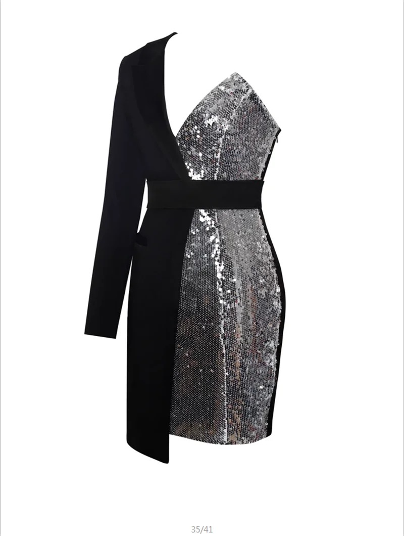 Europe and the United States summer new black sexy long sleeved shoulders waist was thin irregular mosaic sequins mini ban