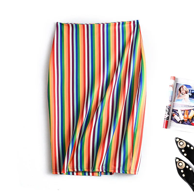 

New 2020 Spring Summer New-Coming Women Skirts Rainbow Striped Knee-length Skirts High Street European Style High Quality Skirts