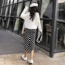 Популярная Женская Классическая винтажная юбка в горошек, Женская Корейская Стильная трикотажная прямая юбка с высокой талией, женские юбки